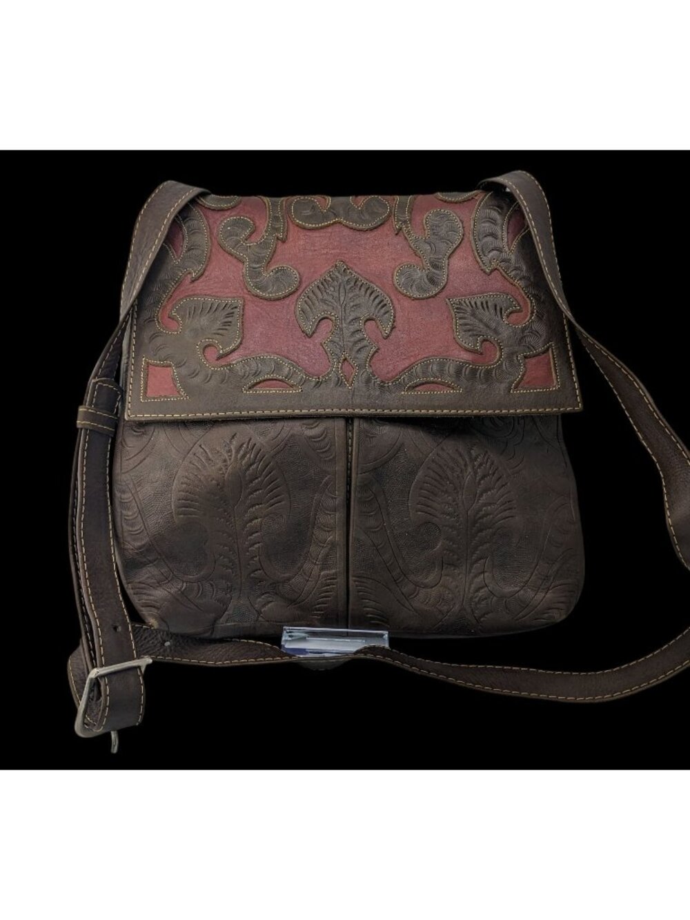 Vintage JL Salvidar Tooled Leather Crossbody Bag With Adjustable Strap & Floral